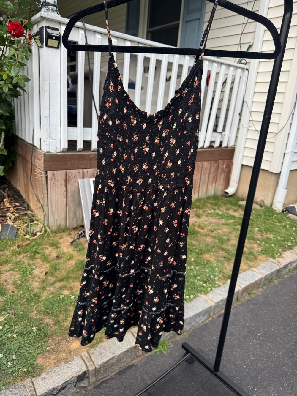 Ardene Black Floral Smocked Midi Dress with Red and Cream Accents
